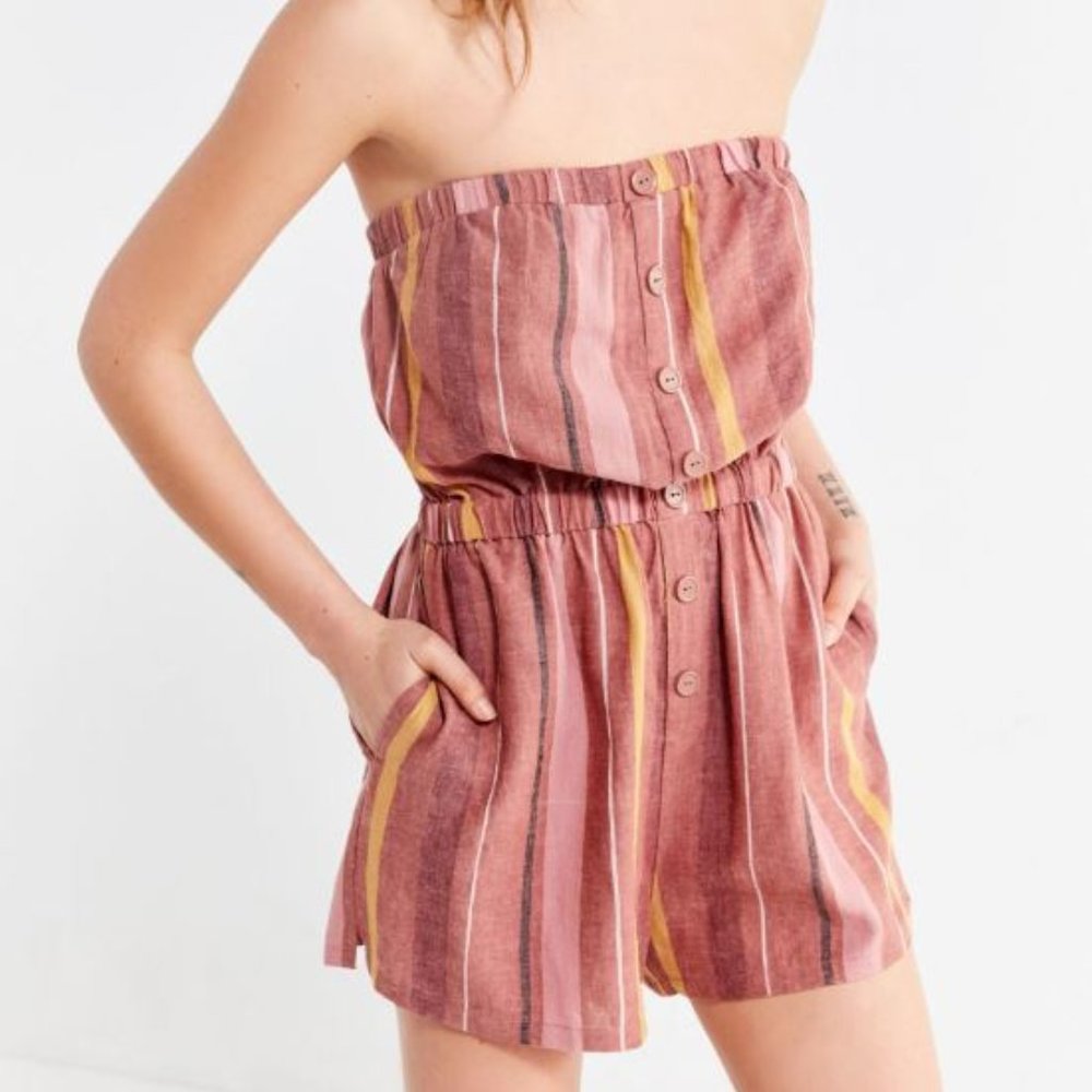 Urban Outfitters Linen Tube Strapless Romper Boho Brown Stripe Small